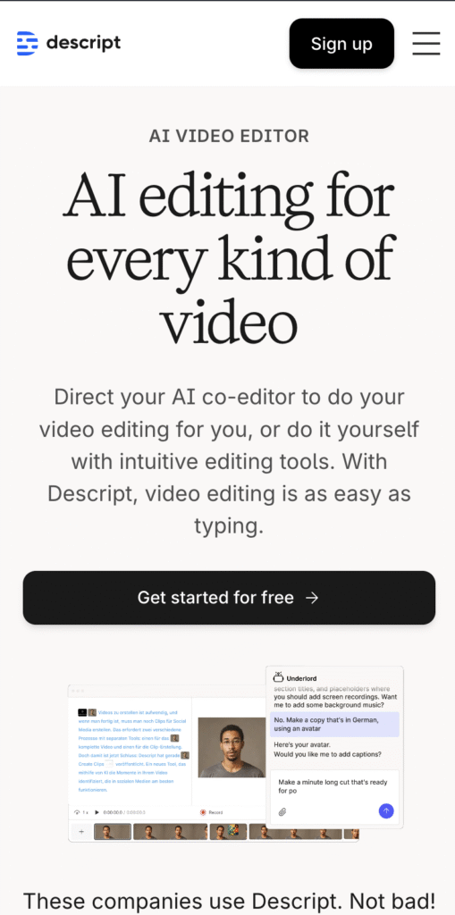 Descript interface best ai video editors 2025